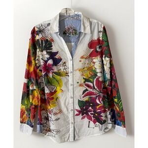 Desigual Floral Print Button Up Shirt Long Sleeve Women Size Small Roll Tab